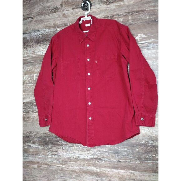 Vtg 90s LEVI'S Loose Fit Red Denim Shirt Red Tab Logo Metal - Main Image